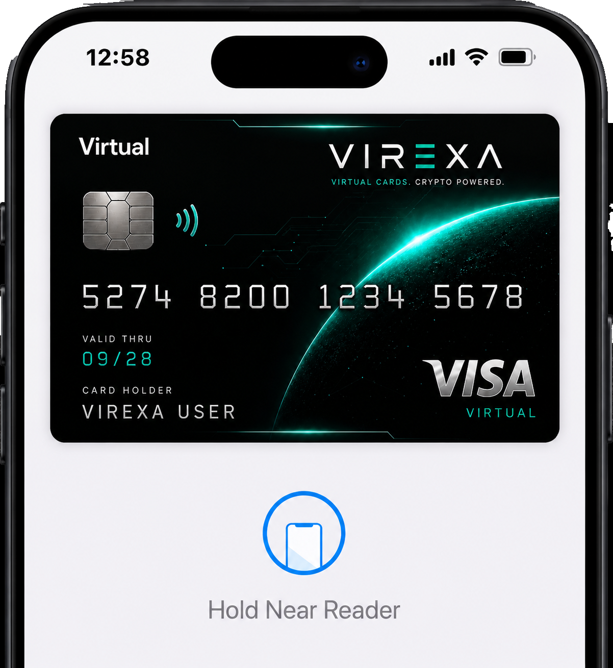 Virtual Crypto Debit Card interface on smartphone
